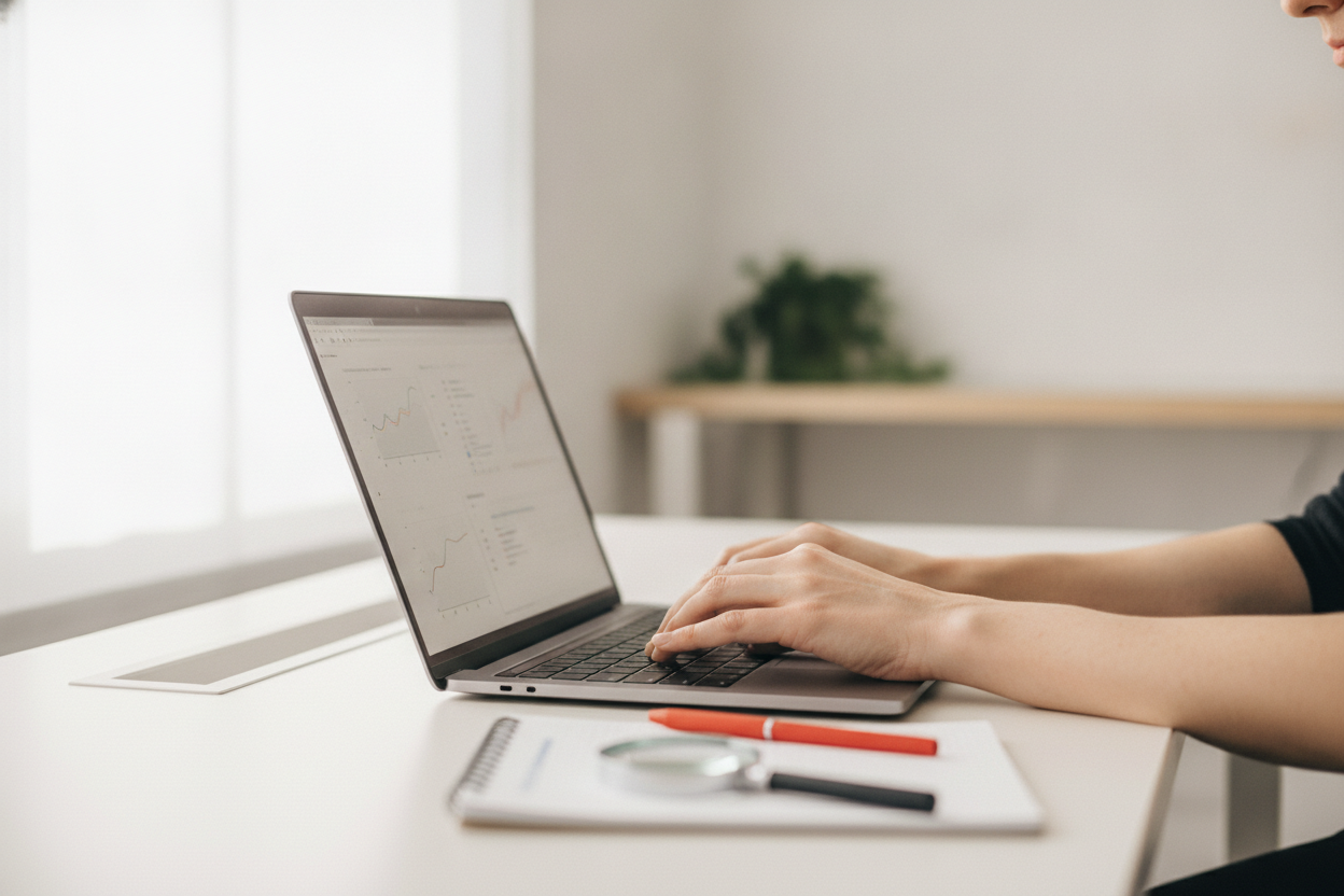 Ruce u notebooku s abstraktními SEO grafy ve světlé kanceláři s červeným perem