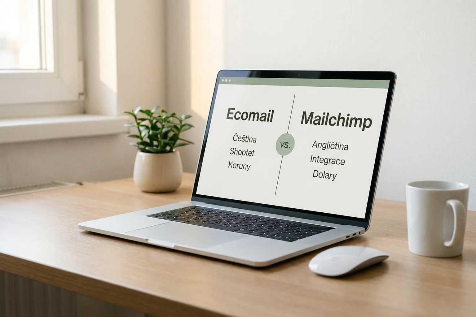 Notebook na světlém stole s typografickým srovnáním Ecomailu a Mailchimpu.