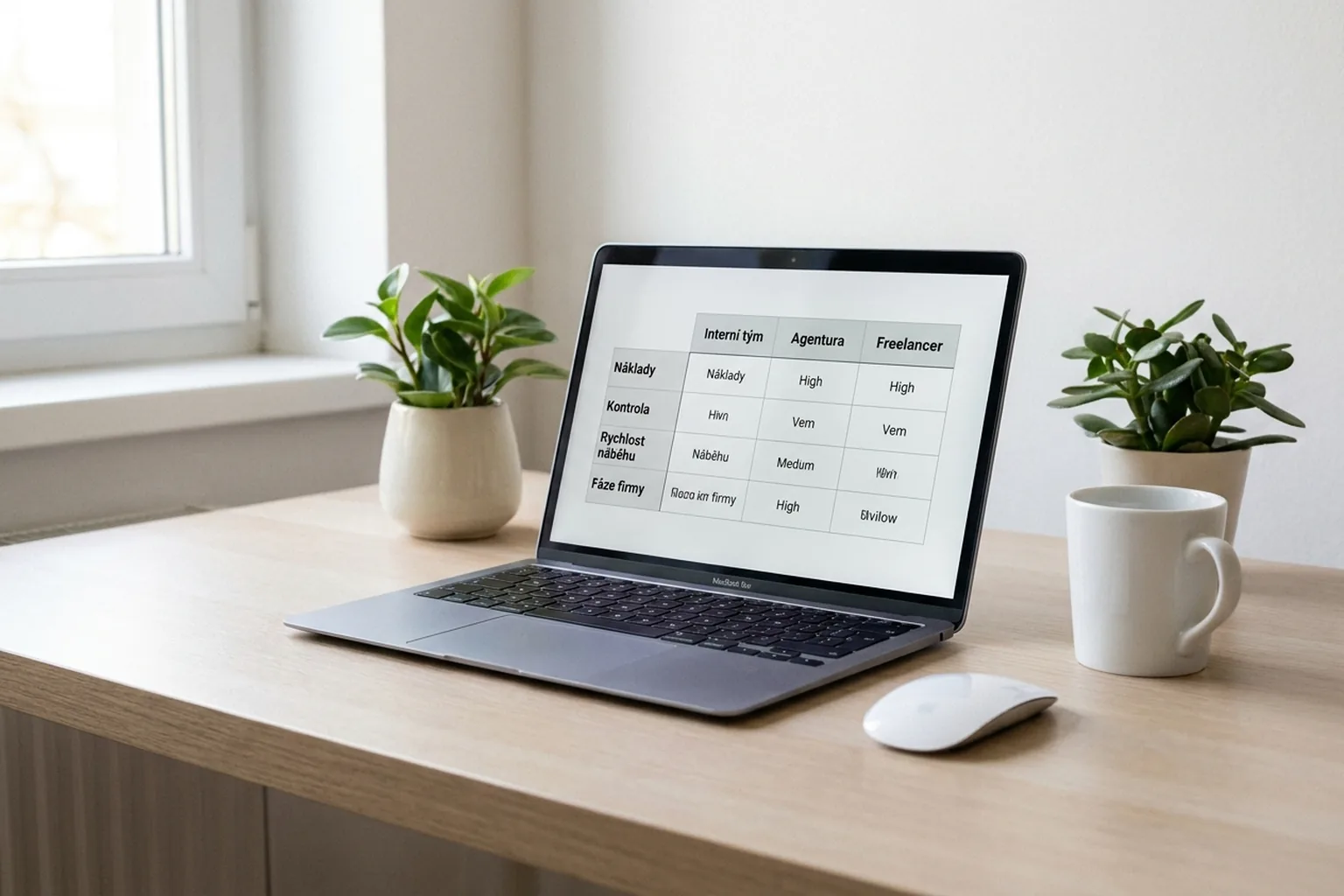 Notebook na stole se srovnávací tabulkou in-house marketingu, agentury a freelancera.