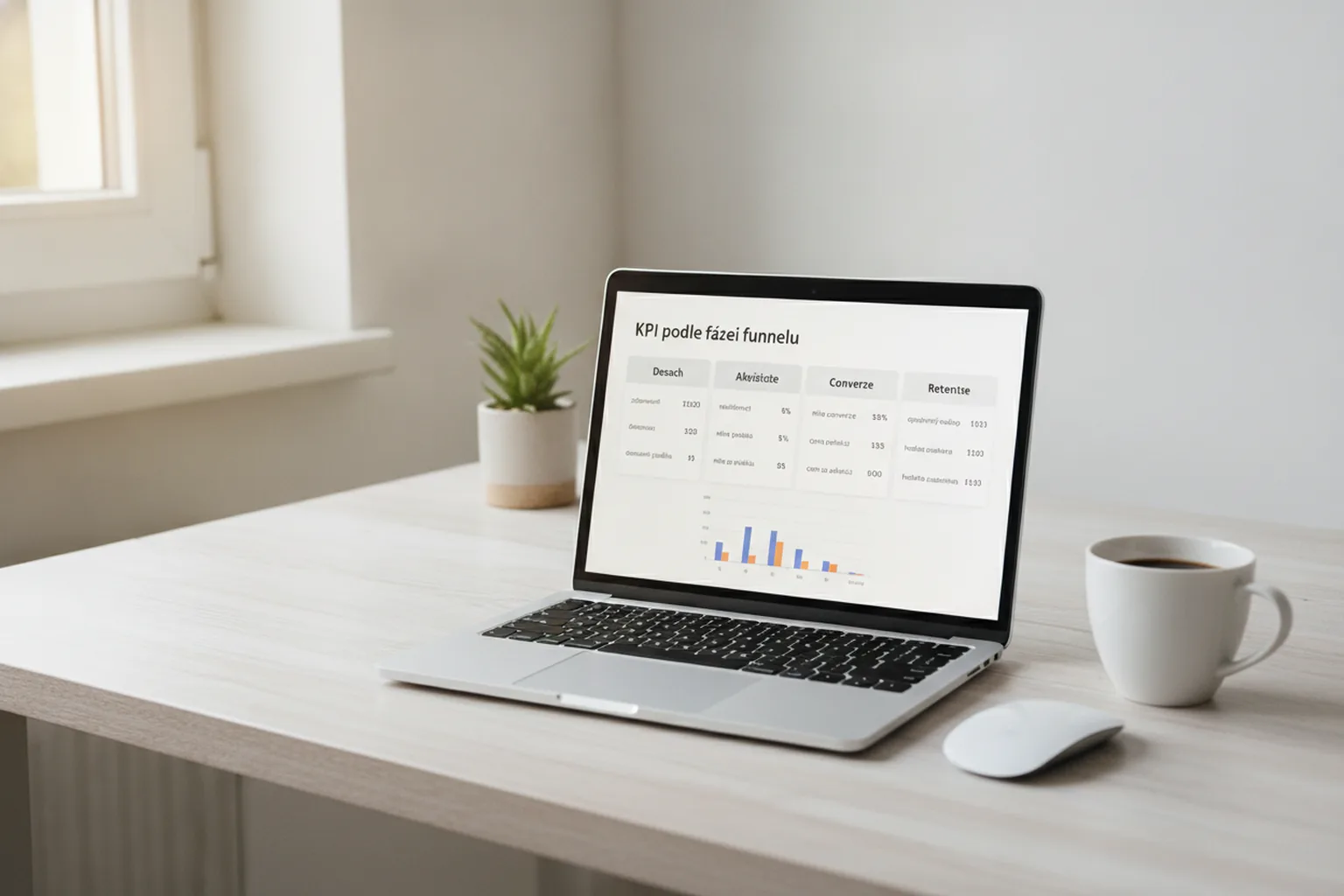 Notebook na stole s dashboardem KPI rozdělenými podle fází marketingového funnelu.