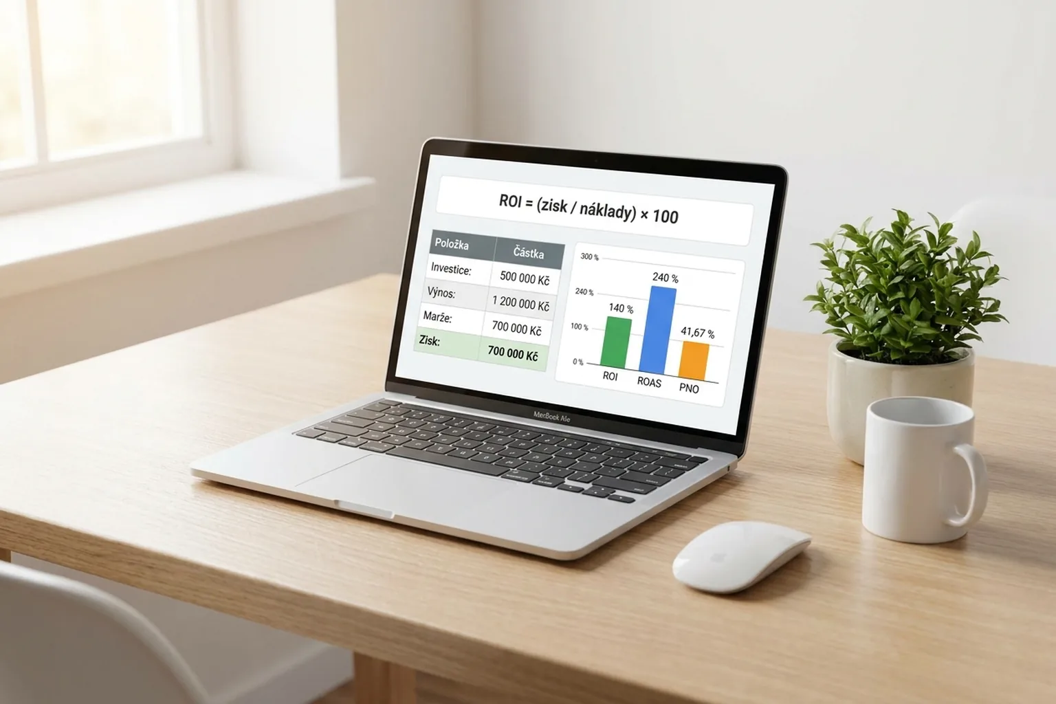 Notebook se vzorcem ROI, tabulkou investice a výnosu a sloupcovým grafem ROI, ROAS a PNO