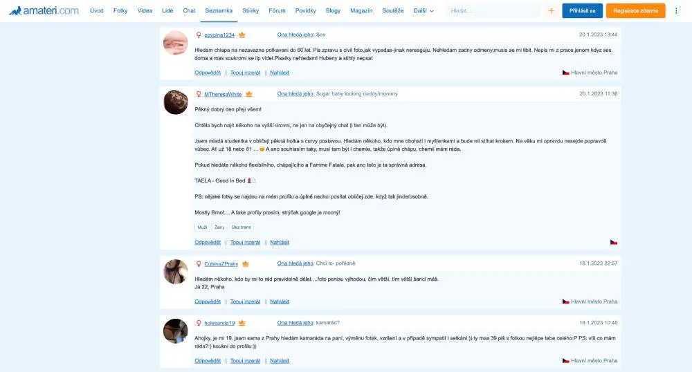 Ukázka inzerátů na seznamce Amateri.com