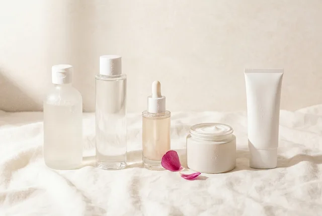Pleťové produkty seřazené v pořadí nanášení – čisticí gel, sérum, krém a opalovací krém
