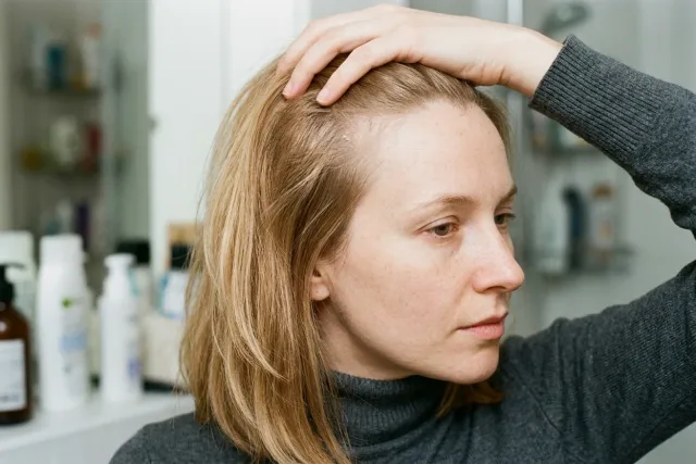 Žena si u zrcadla odhrnuje blond vlasy a ukazuje pokožku hlavy s drobnými lupy.