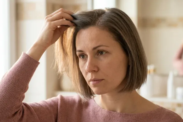 Žena u okna si prsty nadzvedává vlasy u pěšinky.