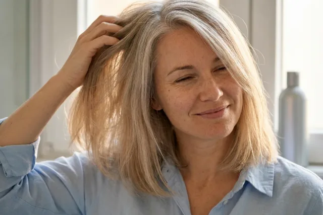 Žena u okna si pročesává blond vlasy se stříbrnými prameny.